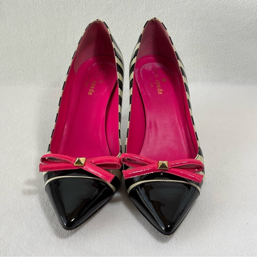 Y2K Kate Spade New York Striped Bow Accent Jaci Heel Black Cream Pink Size 7B